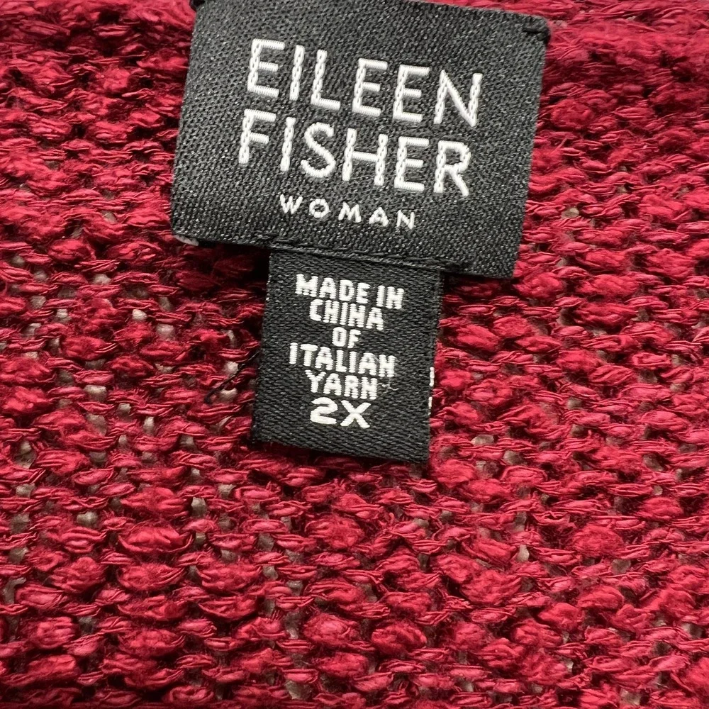 Eileen Fisher Sweater Women 2X Burgundy V Neck Knit Tunic Pullover Linen Viscose